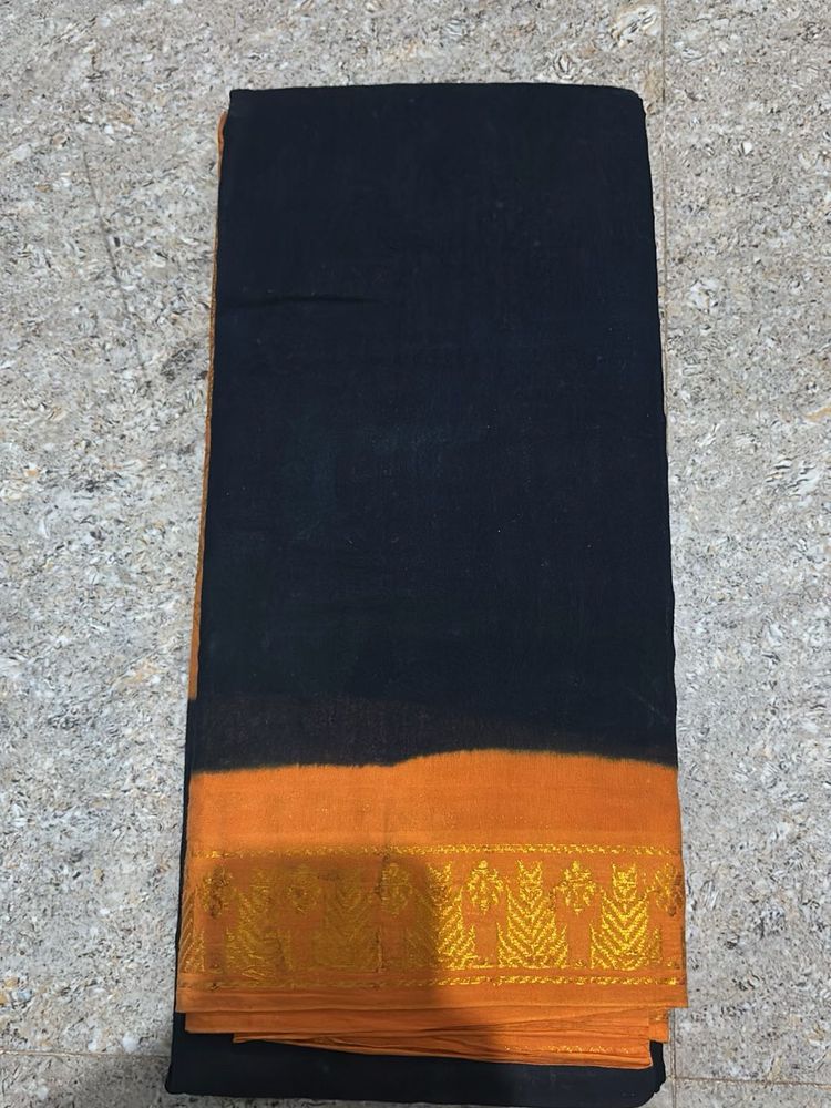 Gadwal Elegant Black &amp; Orange Saree