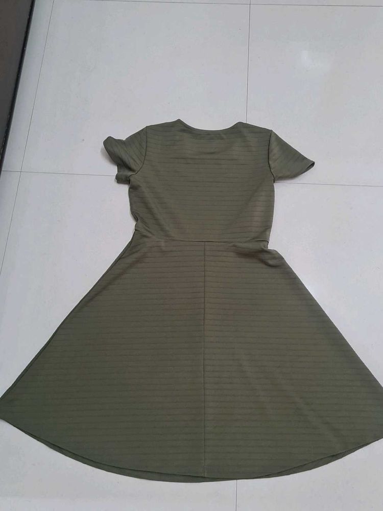 Olive Green Striped Fit &amp; Flare Dress