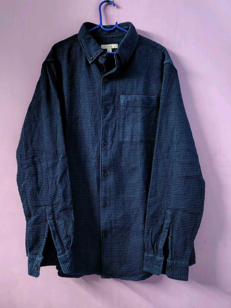 Men's Blue Textured Button-Down Shirt