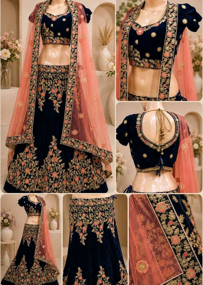 Navy Blue Embroidered Velvet Lehenga Choli