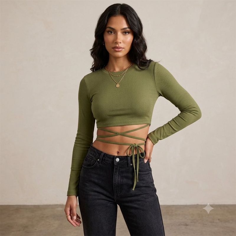 Olive Green Long Sleeve Wrap Crop Top