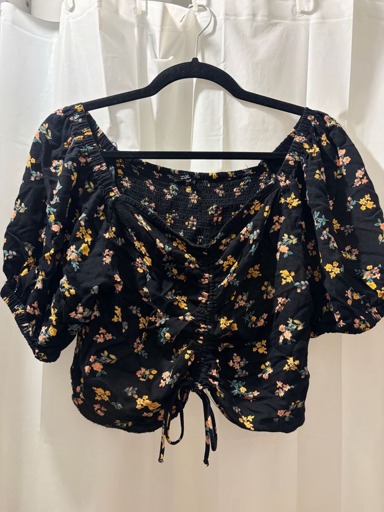 Floral Print Square Neck Ruched Top
