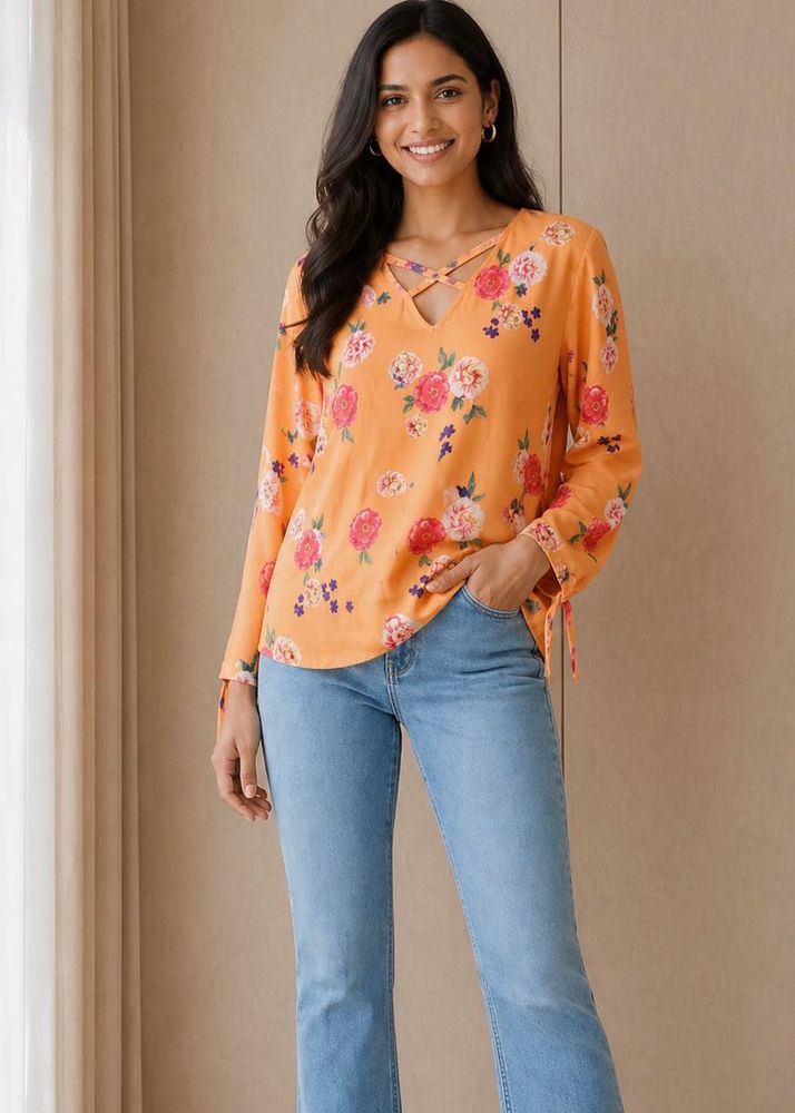 Orange Floral Print Top with Criss-Cross Neckline