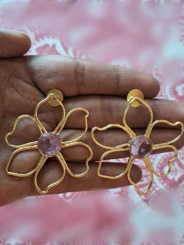 Western brass Floral Stud Earrings with Pink Stone