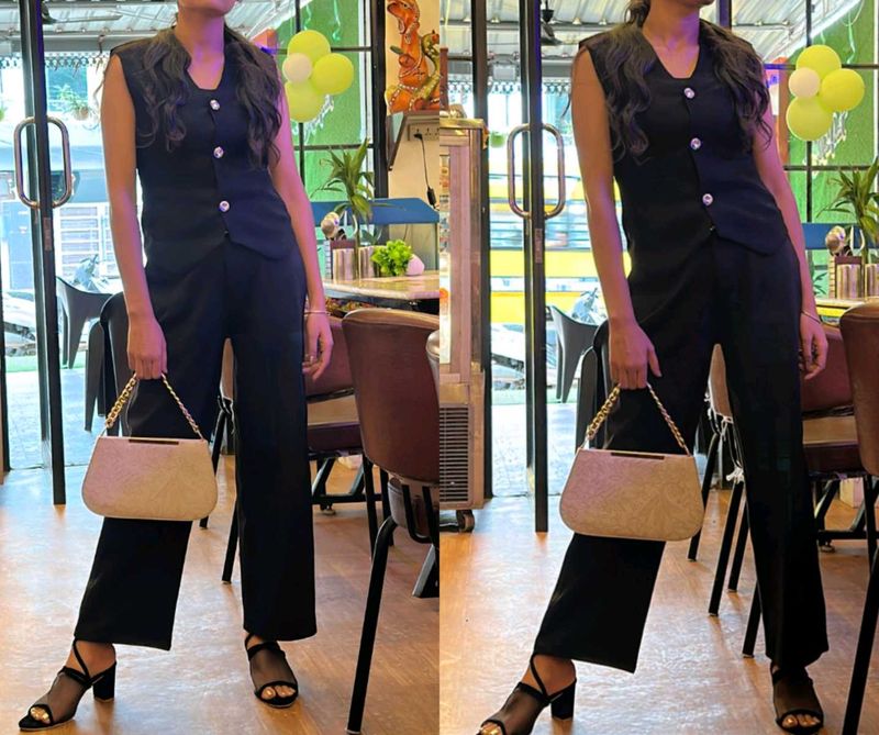 Sleek Black Sleeveless Vest &amp; Pant Set
