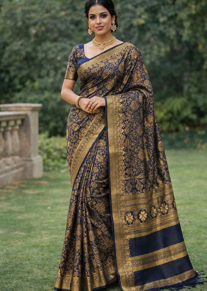 Elegant Navy Blue Banarasi Silk Saree