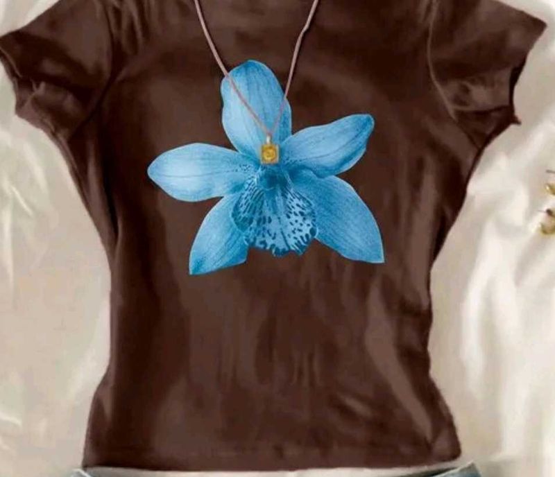 Brown T-Shirt with Blue Flower Pendant