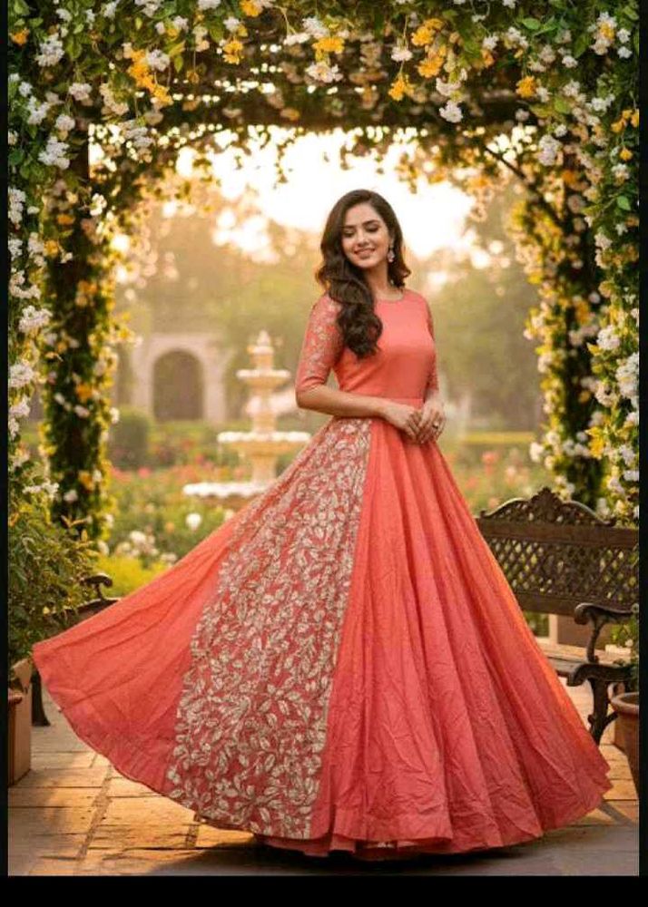 bust 38 Elegant Coral Embroidered Gown