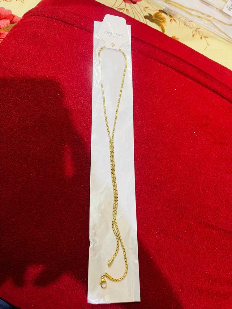 Gold Stainless Steel Box Chain Necklace New With T