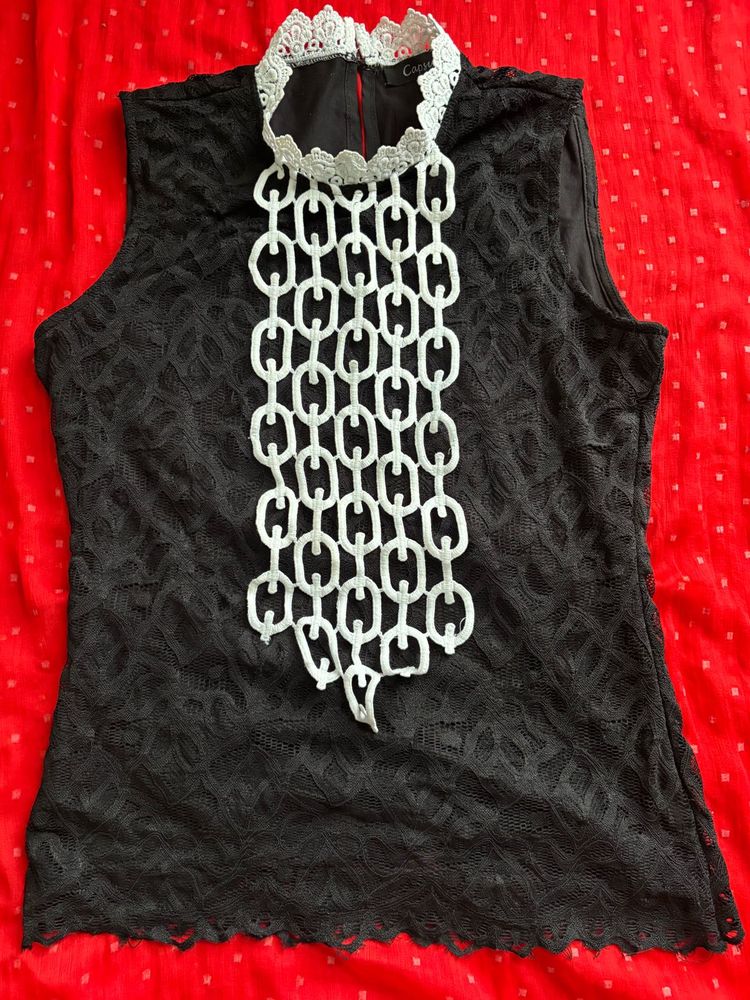 Chic Black Lace Top with Chain Detail