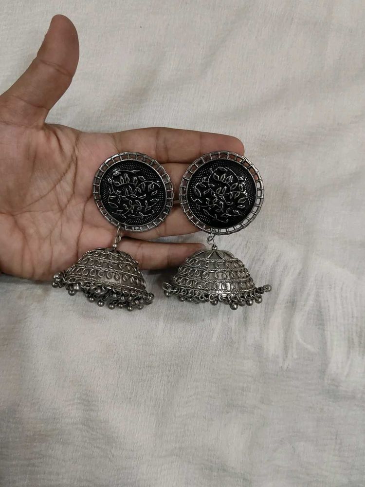 Oxidized Silver Jhumka Earrings