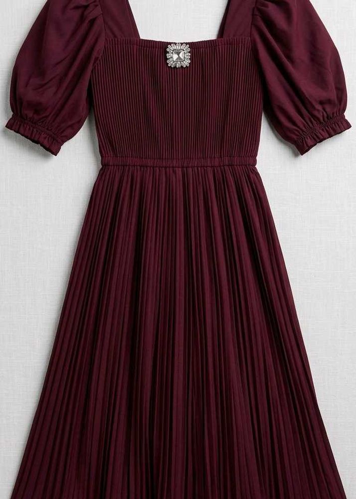Burgundy Pleated Midi Dress