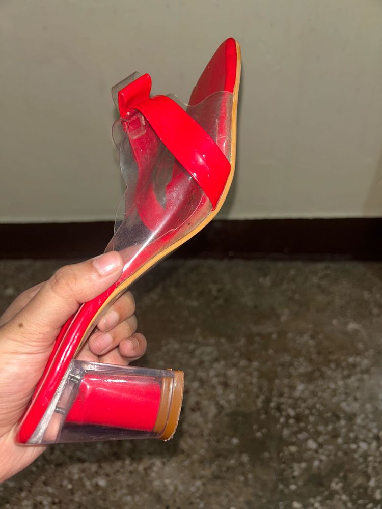 Red Block Heel Clear Strap Sandal