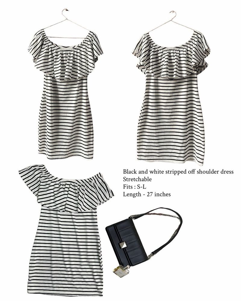 stripped off shoulder b/w dress