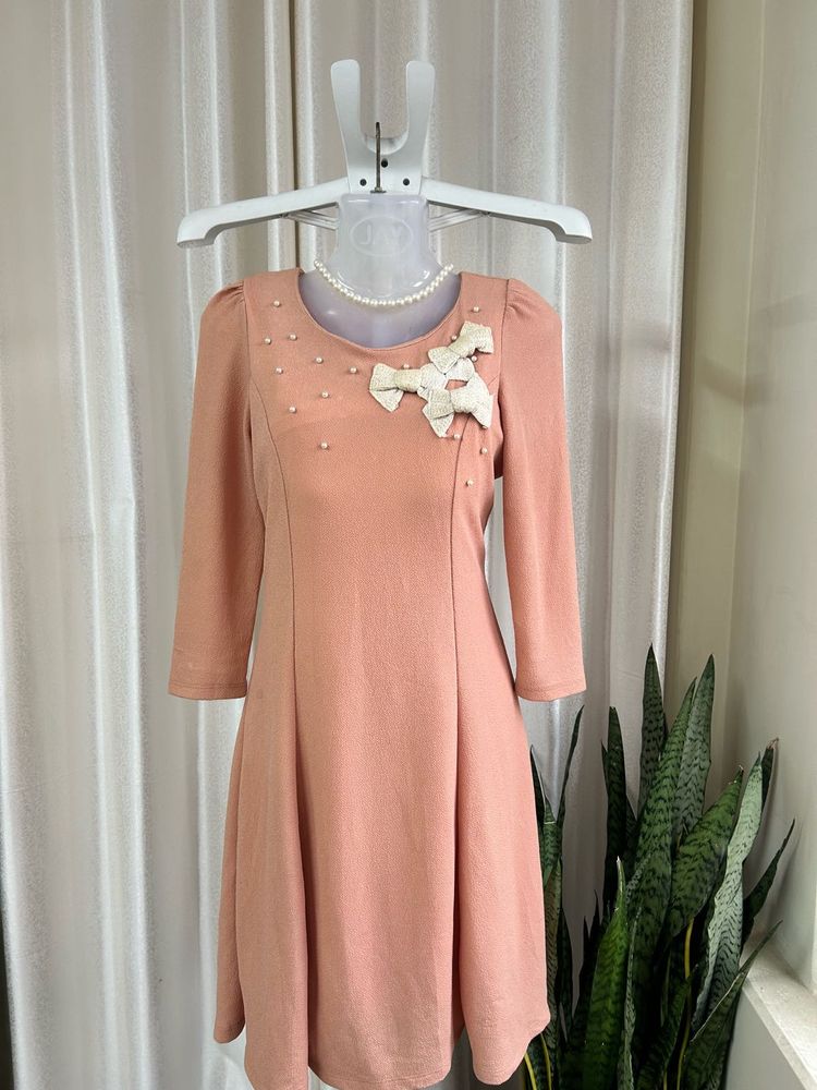 Korean peach Dress with Pearl &amp; Bow Detail