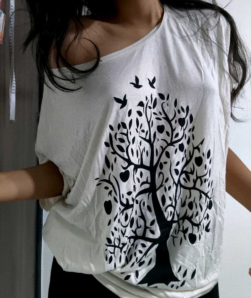 White Tree Print Off-Shoulder Top