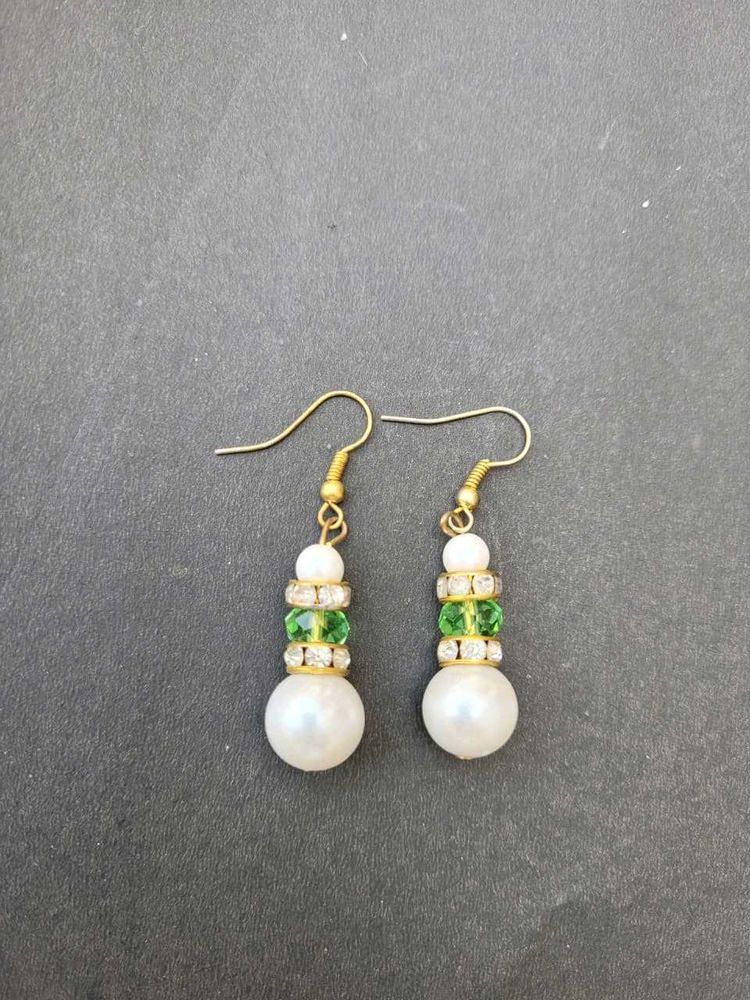 Elegant Pearl &amp; Green Stone Earrings