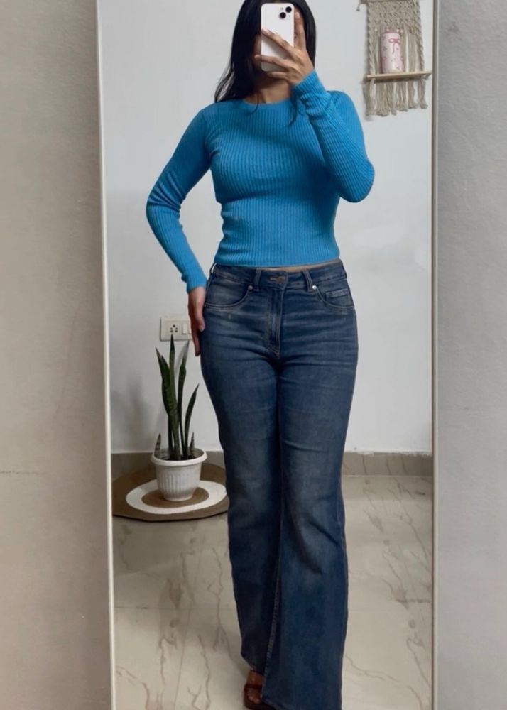 mango Blue Ribbed Long Sleeve Top