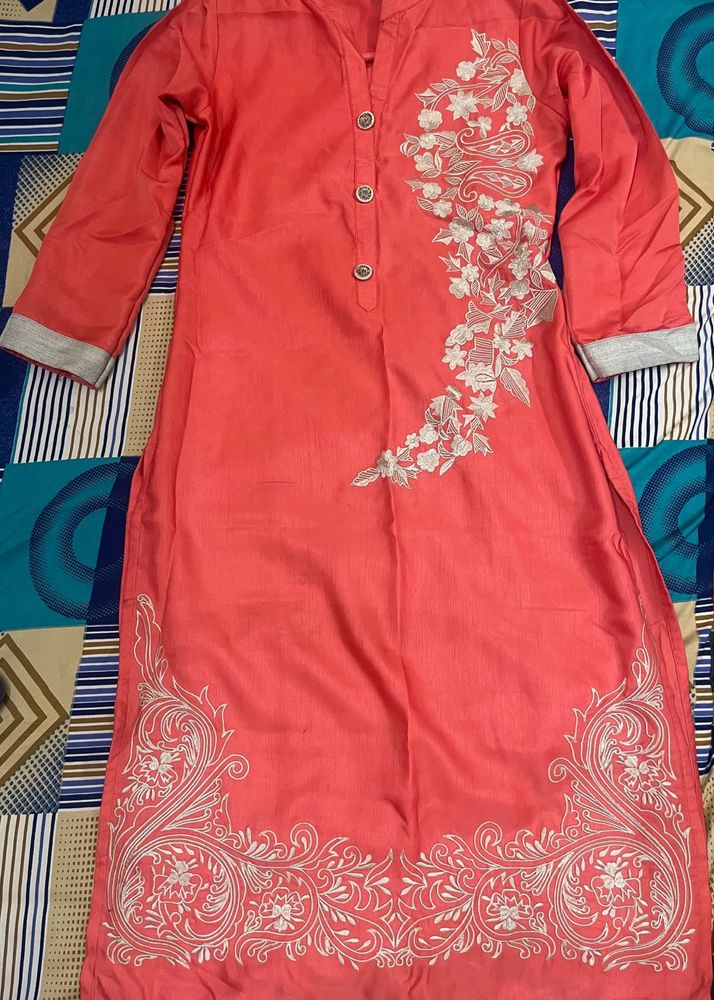 Embroidered Coral Kurta