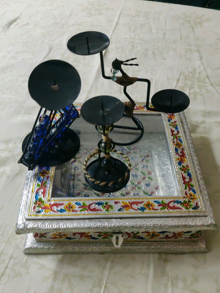 Wooden Meenakari Box &amp; Set Of 3 Candle Stand