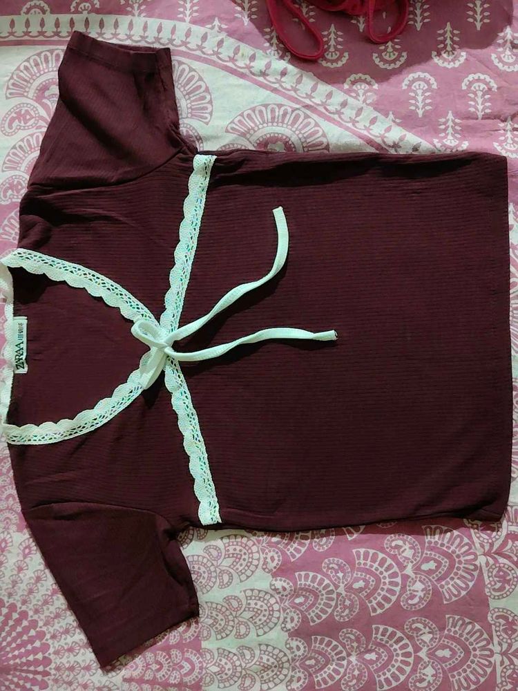 Maroon Lace Trim Tie-Up Top