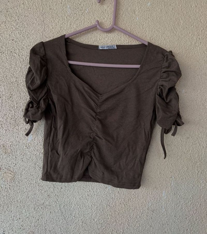 Brown Crop Top with Puff Sleeves