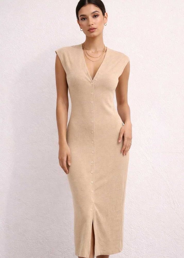 Elegant Beige Button-Up Midi Dress