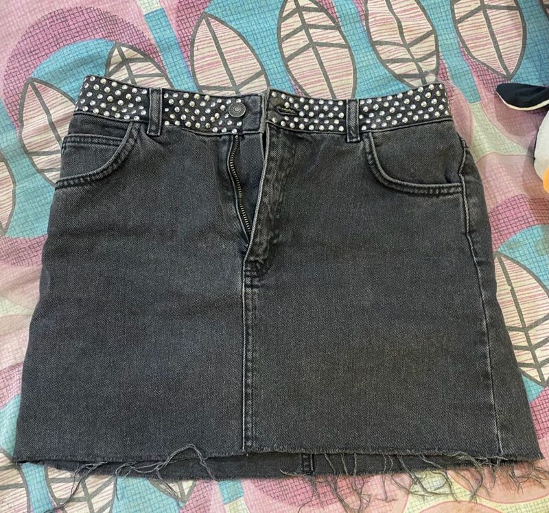 Edgy Studded Denim Mini Skirt