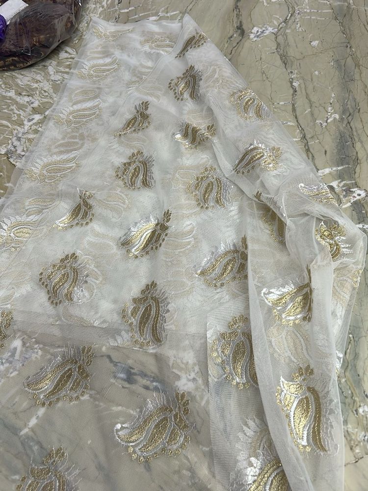 Elegant White &amp; Gold Dupioni Fabric