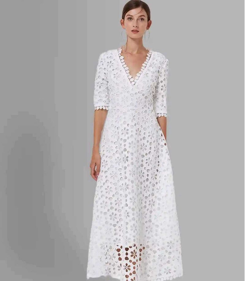 Elegant White Eyelet Midi Dress