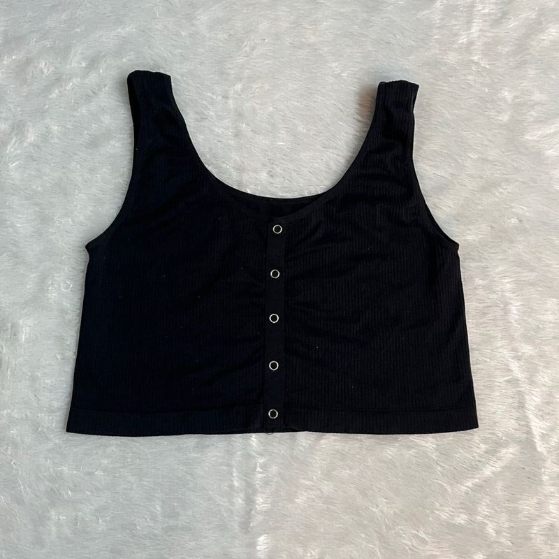 Black Button-Up Ribbed Crop Top