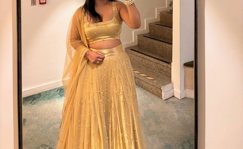 Stunning Golden Embellished Lehenga Choli Set