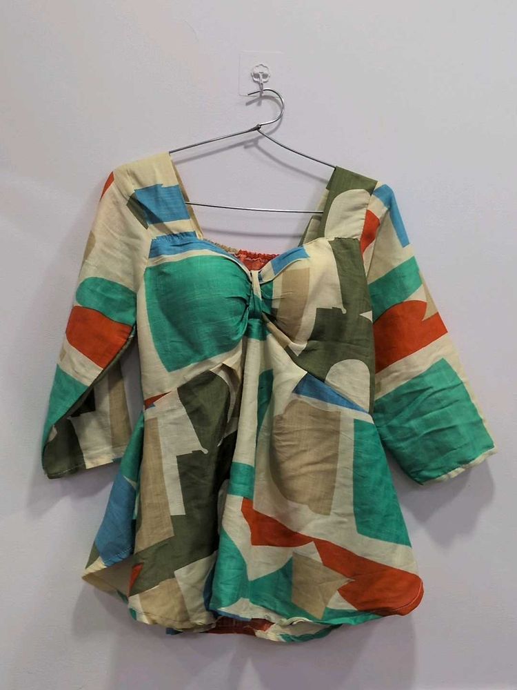 Abstract Print Tie-Front Top