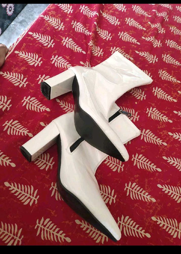 White Chunky Heel Ankle Boots