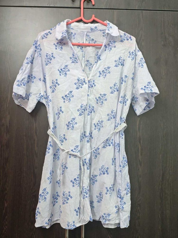 Chic Blue Floral Shirt Dress