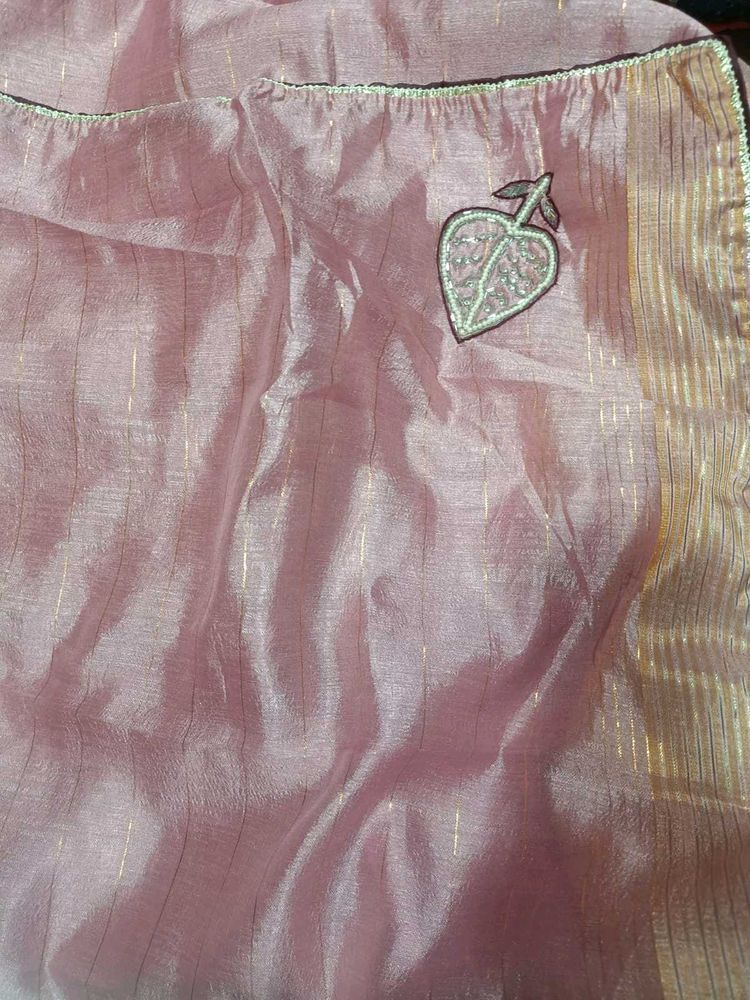 Elegant Pink Saree with Golden Stripes
