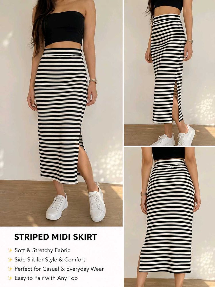 Striped Midi Skirt with Side Slit