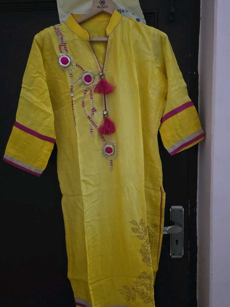 Bright Yellow Embroidered Kurta