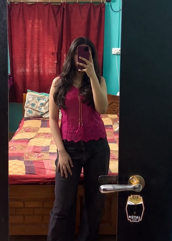 Fuchsia Lace V-Neck Top