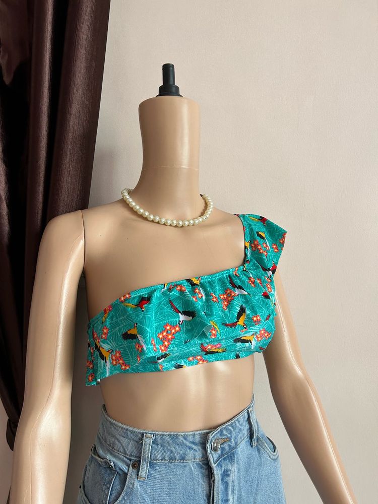 Teal Bird Print One Shoulder Bikini Top
