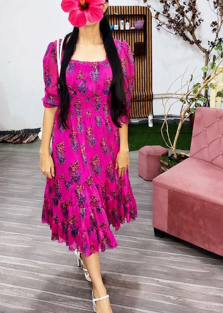 Fuchsia Floral Tiered Smocked Midi Dress