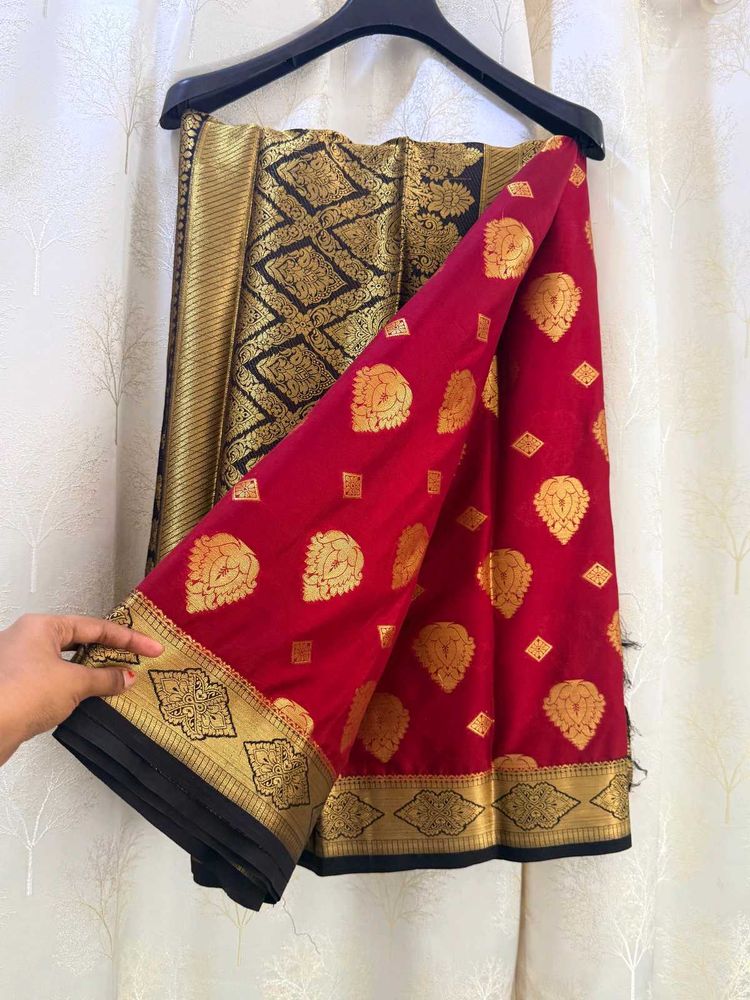 Vibrant Red &amp; Black Banarasi Silk Saree