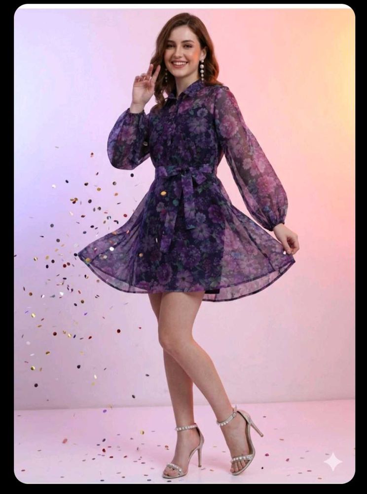 Sheer Floral Print Shirt Dress