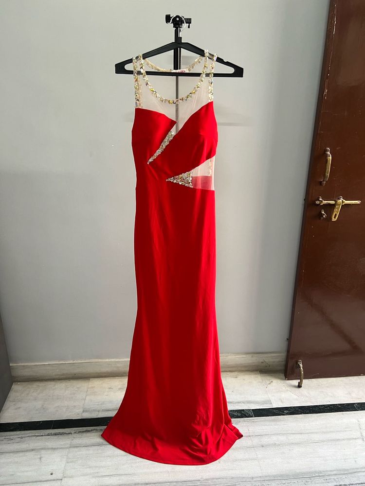 Red Embellished Backless Maxi Dress