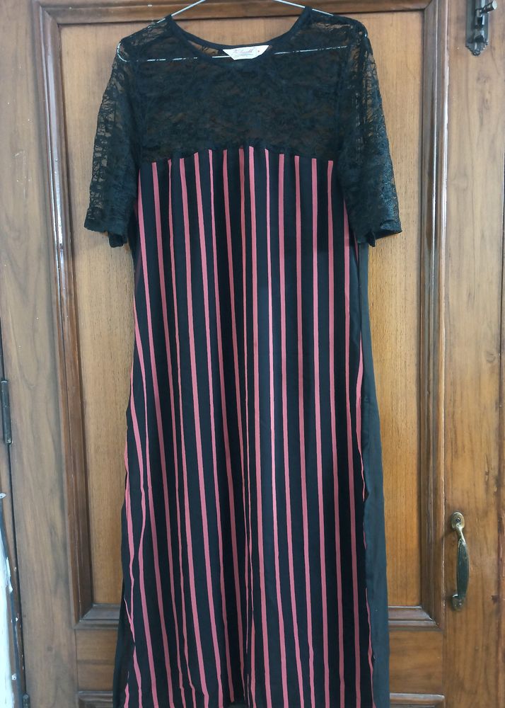 Pankh Orange &amp; Black Stripped Kurta with Lace Slee