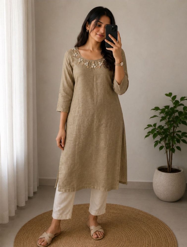 Elegant Beige Kurta with Floral Neckline
