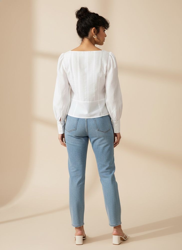 Elegant Sheer Panel White Button-Down Top