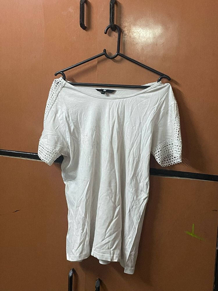 White Crochet Sleeve T-Shirt