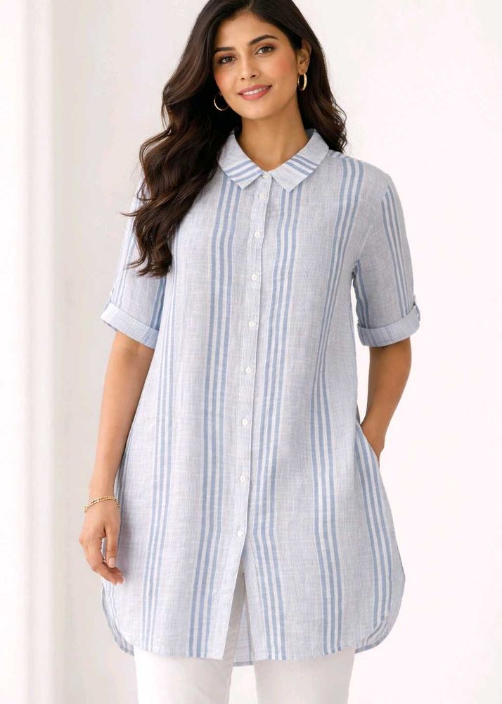 Striped Cotton Linen Blend Tunic Shirt for women
