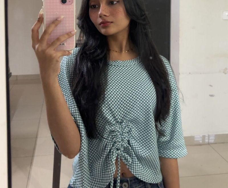 Green Checkered Cinched Top